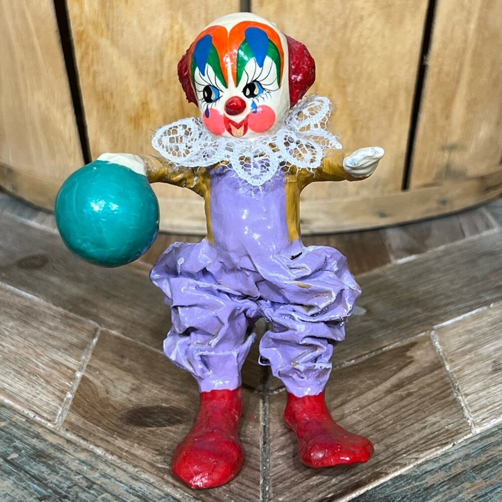 Paper Mache Clown with Ball Circus Figurine Vintage Hand Painted Made in Mexico